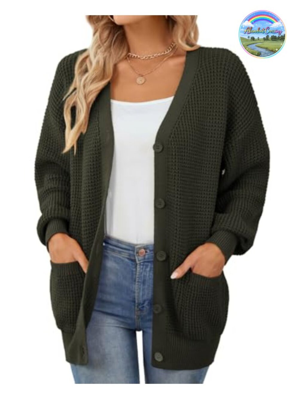 100% Cotton Cardigan Sweater with Pockets Button Up V-Neck Loose Fit